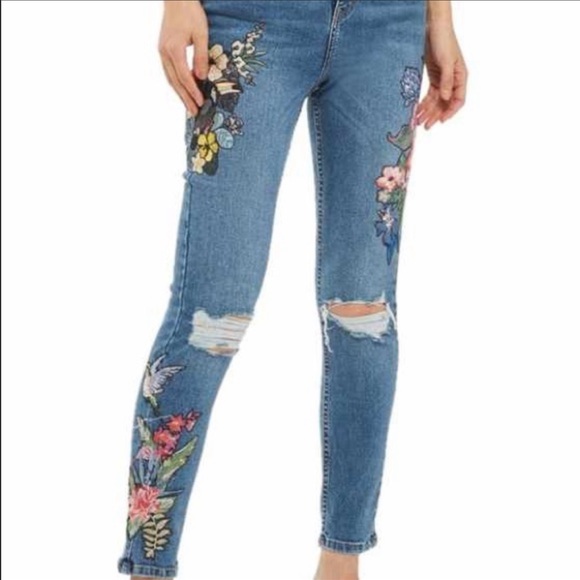 Topshop Light Wash Jamie Moto Skinny Jeans with Bird and Floral Embroidery - Picture 1 of 8